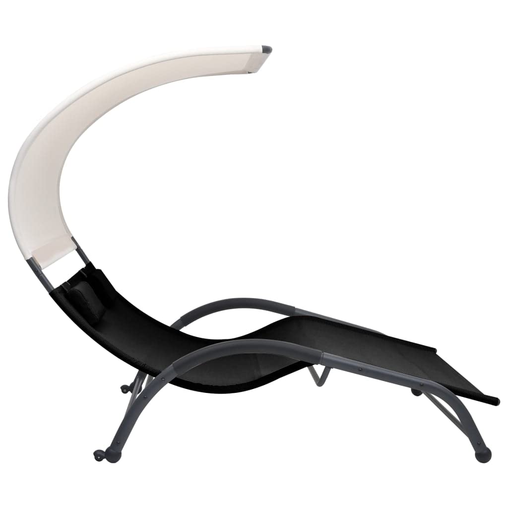 vidaXL Dual Sun Lounger with Canopy - Indoor/Outdoor Black Textilene Lounge Bed with Pillows and Steel Frame