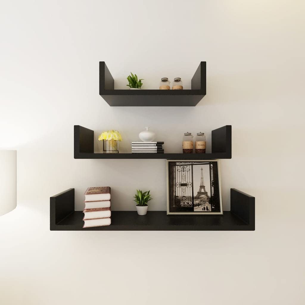 vidaXL Floating Wall Shelves - Wall Mounted Display Shelves, Black MDF, 3 Pcs, Invisible Mounting System, Various Sizes