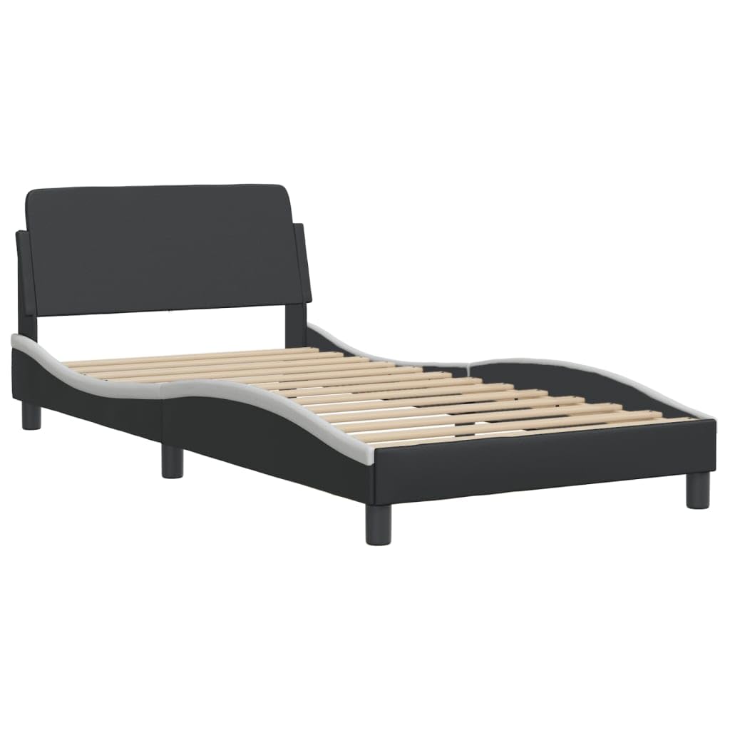 vidaXL Single Bed Frame with Headboard - Black/White, Faux Leather, Plywood Slats, 39.4"x74.8" Mattress Size, Modern Design