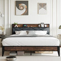 Homhougo Queen Size Bed Frame With Charging Station, Heavyduty Platform Bed With Storage Shelf & Button Tufted Fabric Headboard