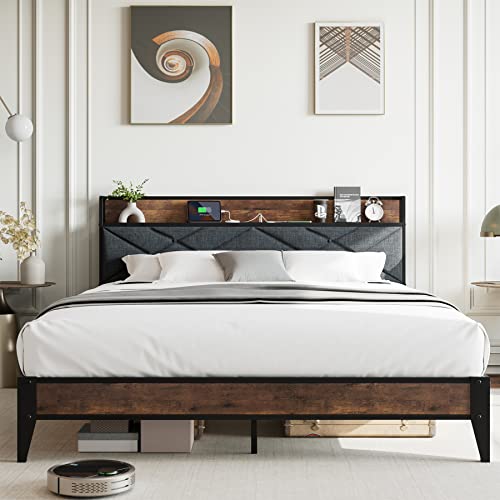 Homhougo Queen Size Bed Frame With Charging Station, Heavyduty Platform Bed With Storage Shelf & Button Tufted Fabric Headboard