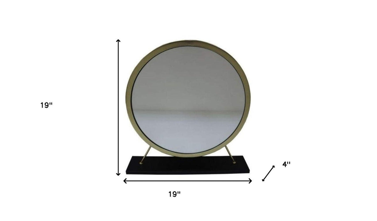 HomeRoots 485937 19 in. Faux Fur Round Makeup Shaving Tabletop Mirror Black & Brass
