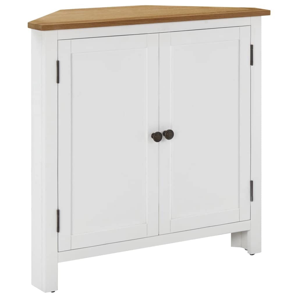 vidaXL Solid Oak Wood Corner Cabinet, Natural Finish Top, White Painted Body, Unique Wood Grain Details, 2 Shelves Storage, Farmhouse Style, Dimensions 31.5"x13.2"x30.7"