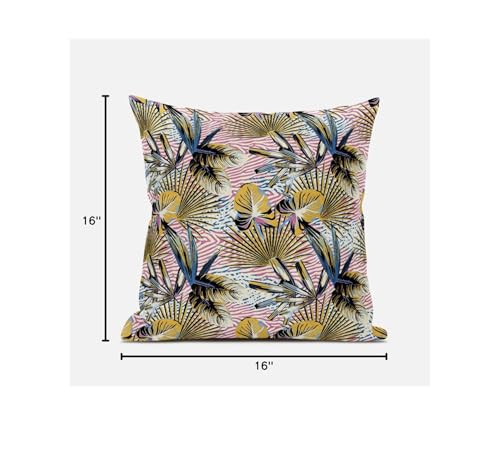HomeRoots White Light Blue 16â€ Gold Pink Tropical Zippered Suede Throw Pillow