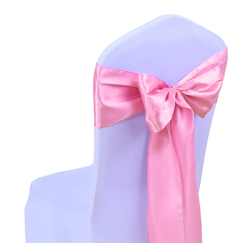 Sinssowl 50 Pink Chair Sashes Satin Chair Bows For Wedding Birthday Party Fiesta Decor - 7X108 Inches Chair Ribbons Ties Fitted