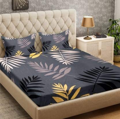 Tib The Intellect Bazaar Cotton Feel Polycotton King Size Bed Sheet With 2 Pillow Covers,90X100 Inches (Leaf, Grey)