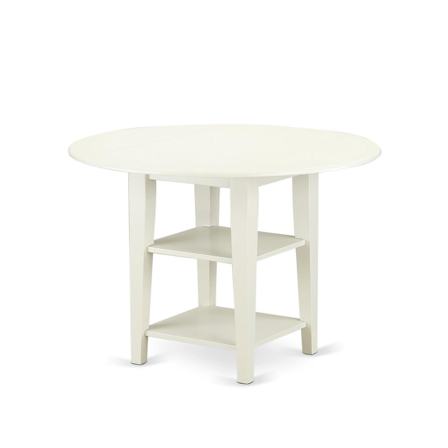 East West Furniture SUDA3-LWH-C 3 Piece Dining Table Set Contains a Round Dining Room Table with Dropleaf & Shelves and 2 Linen Fabric Upholstered Chairs, 42x42 Inch, Linen White
