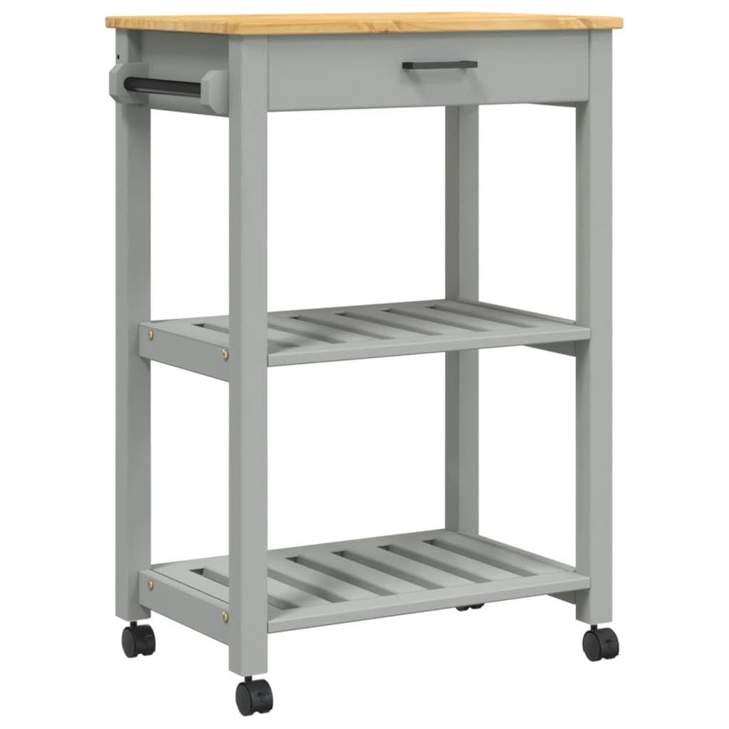 vidaXL Pine Wood Kitchen Trolley - Rolling Storage Cart with Drawer, Shelves, Locking Wheels - Gray/Honey Wax, 23.6"x15.7"x35.4"