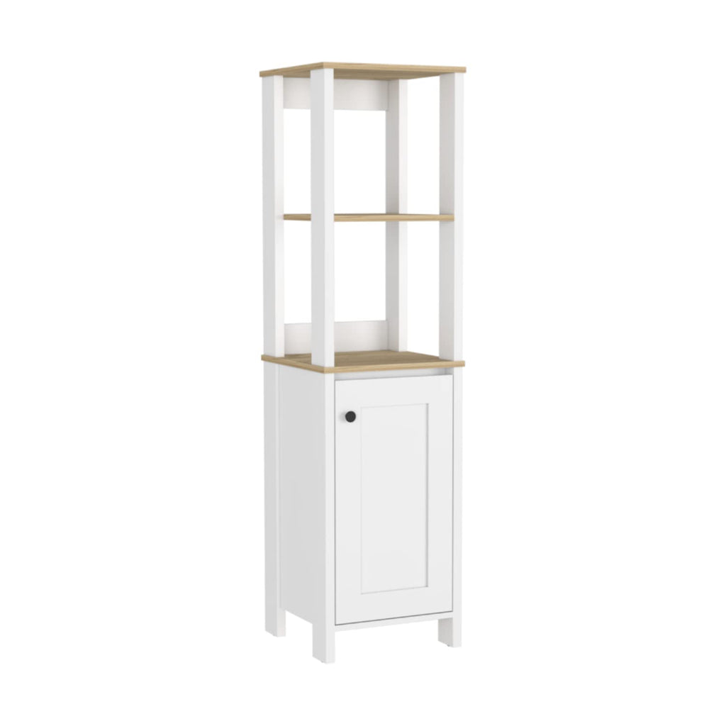 Linen Single Door Cabinet 59.3H, 2 Interior Shelves, 2 Open Shelves, Light Oak/White