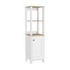 Linen Single Door Cabinet 59.3H, 2 Interior Shelves, 2 Open Shelves, Light Oak/White
