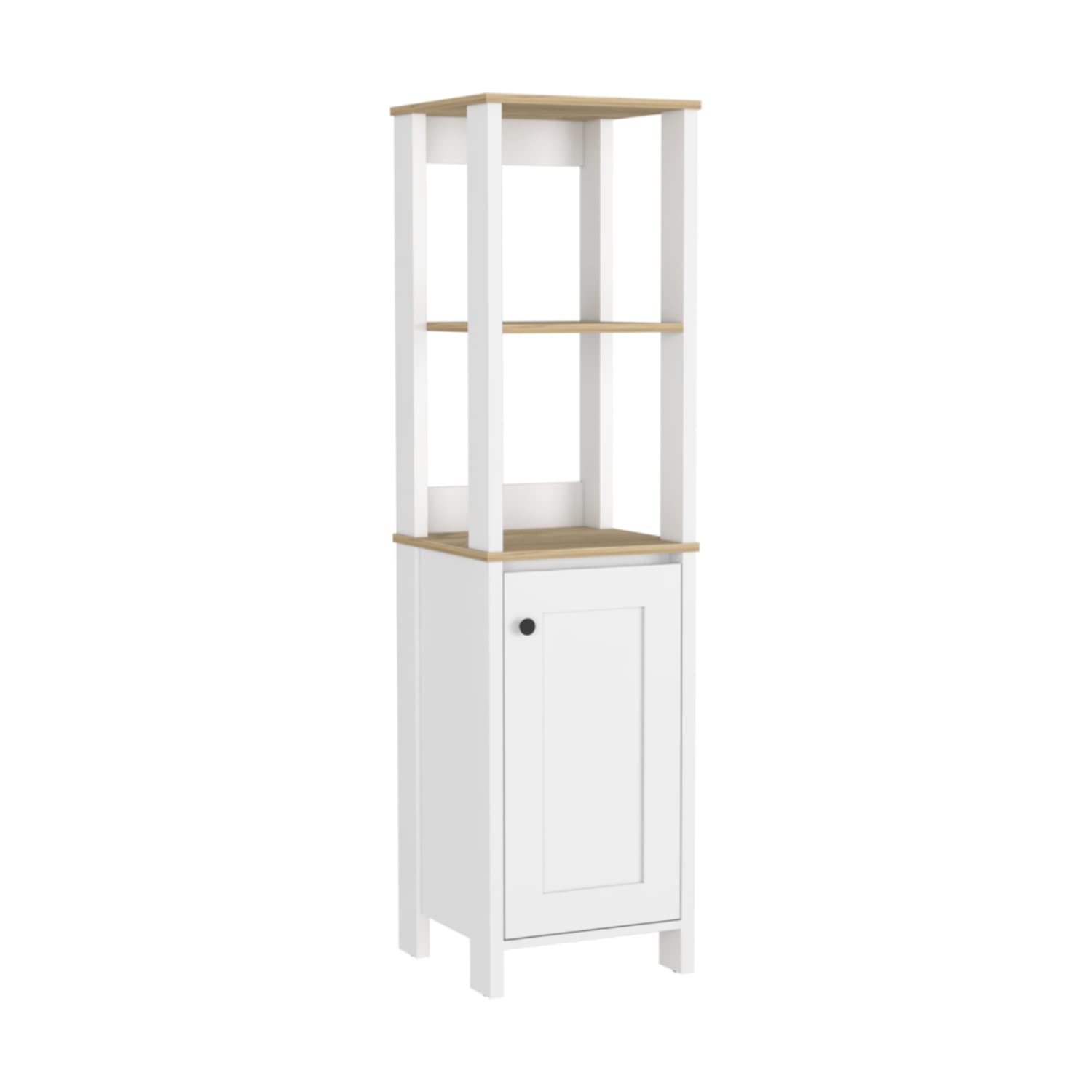 Linen Single Door Cabinet 59.3H, 2 Interior Shelves, 2 Open Shelves, Light Oak/White
