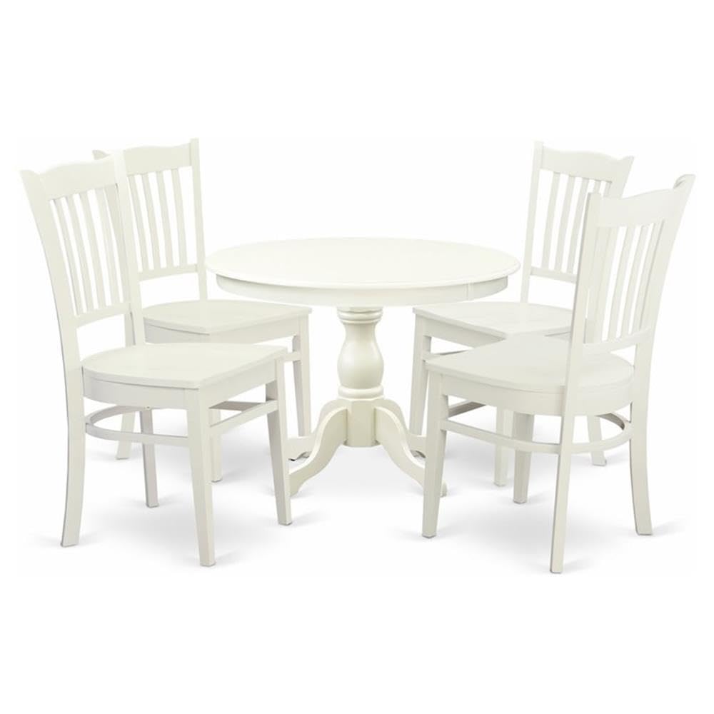 East West Furniture HBGR5-LWH-W 5 Piece Kitchen Table & Chairs Set Includes a Round Dining Room Table with Pedestal and 4 Dining