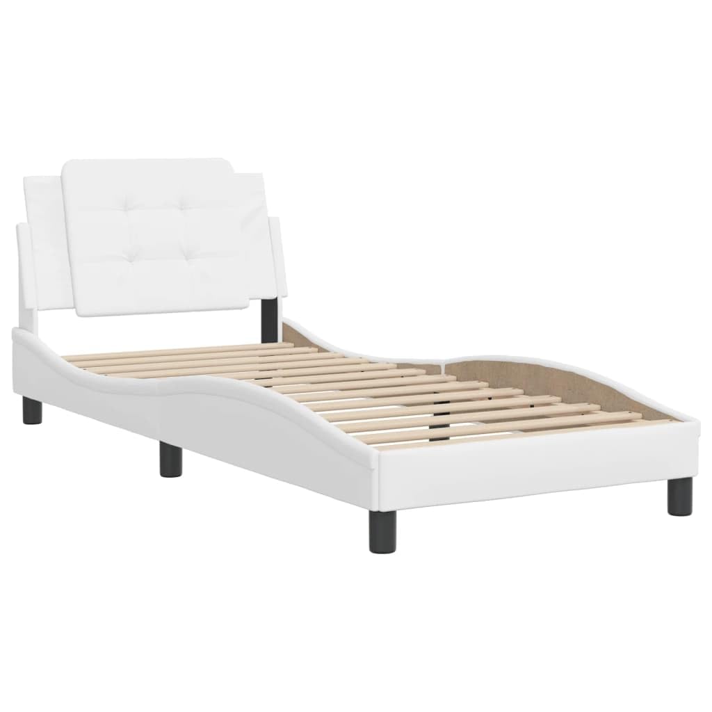 vidaXL Twin Faux Leather Bed Frame with Headboard, Plywood Slats, 39.4"x74.8", White