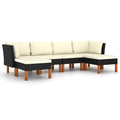 vidaXL 6-Piece Black Patio Lounge Set with Cushions - Weather-Resistant Poly Rattan & Solid Eucalyptus Wood Legs - Easy-Assembly Outdoor Furniture - Modern/Farmhouse Style