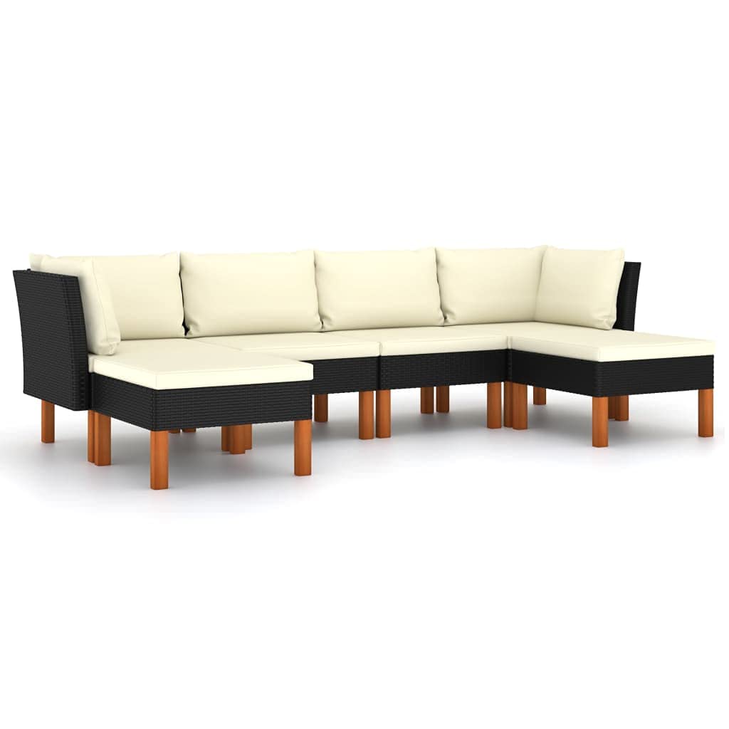 vidaXL 6-Piece Black Patio Lounge Set with Cushions - Weather-Resistant Poly Rattan & Solid Eucalyptus Wood Legs - Easy-Assembly Outdoor Furniture - Modern/Farmhouse Style