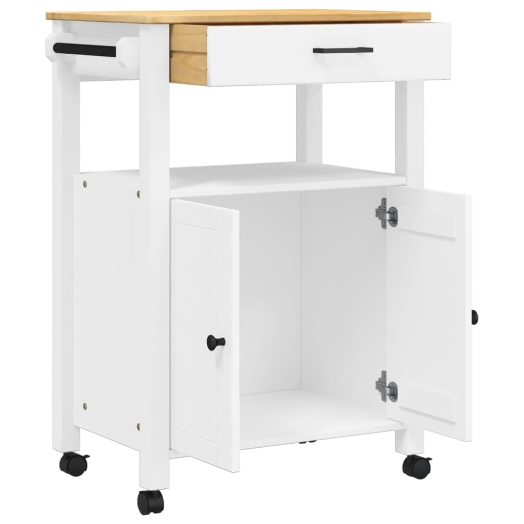 vidaXL Solid Pine Wood Rolling Kitchen Trolley - White/Honey Wax Finish with Drawer, Cabinet, Hooks, 23.6"x15.7"x35.4"