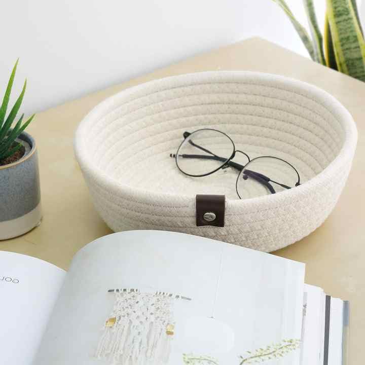 Bobbiny Handwoven Natural Jute And Round Cotton Storage Baskets  Home, Kitchen, And Office Organization (Small (8.7inch X 2.8inch), W