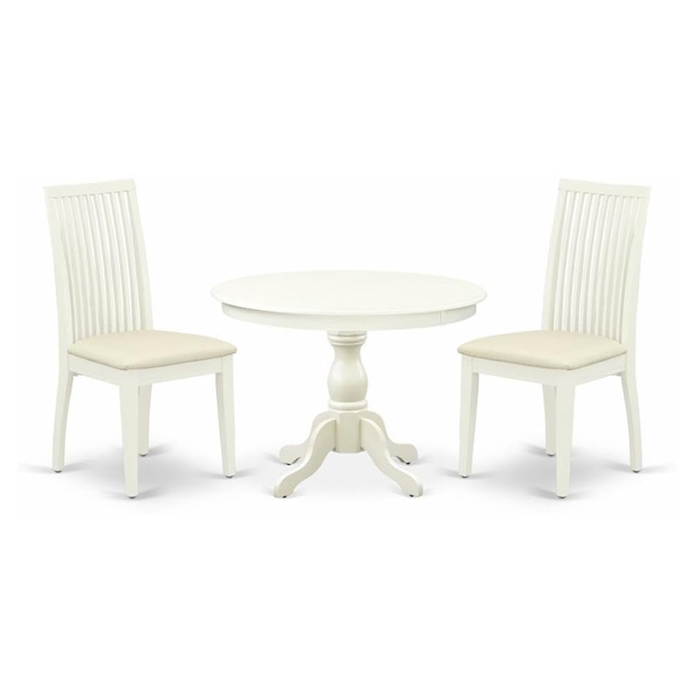 East West Furniture HBIP3-LWH-C 3 Piece Dinette Set for Small Spaces Contains a Round Dining Table with Pedestal and 2 Linen Fab
