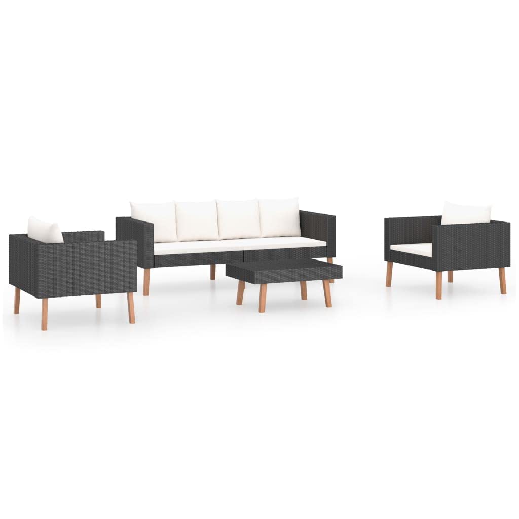 vidaXL Patio Furniture Set 4 Piece, Sectional Sofa for Outdoor Garden, Couch with Cushions, Coffee Table, Scandinavian Style, Poly Rattan Black