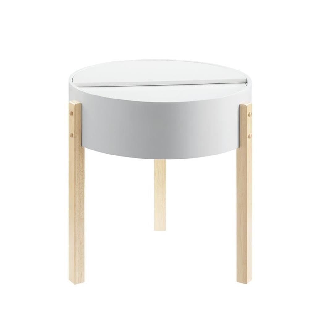 Acme Bodfish Round Wooden End Table With Hidden Storage In White And Natural