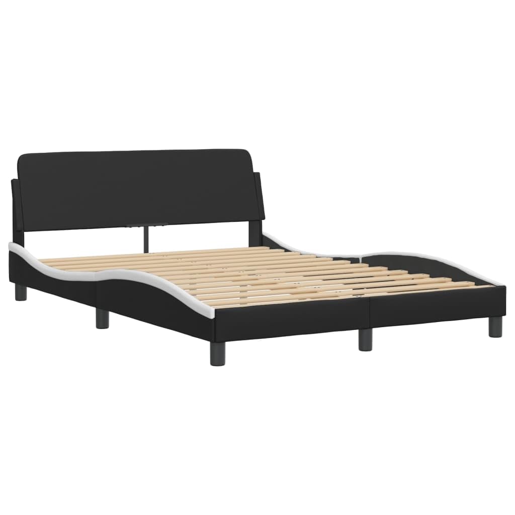 vidaXL Bed Frame with Headboard - Black/White Faux Leather, Full Size (53.9"x74.8") - Sturdy Legs, Plywood Slats, Waved Side Design