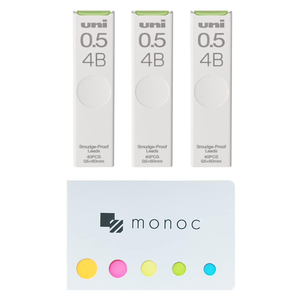 Uni Pencil Lead,'The Uni' Smudge-Proof Leads, 0.5Mm 4B, 3 Pack &'Monoc' Sticky Note(Japan Import)