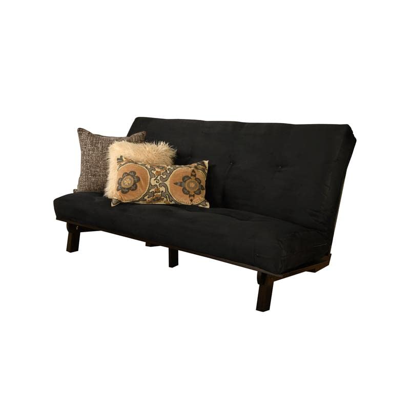 Kodiak Furniture Carson Full Size Futon Frame and Mattress Set - Java Brown Finish Wood Futon Frame with Mattress Included in Suede Black Color