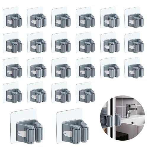 3-H 40-Pack Self Adhesive Broom Holder Wall Mount - Heavy Duty No Drill Broom Organizer for Garage Closet Kitchen, Plastic Stora