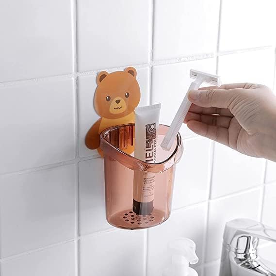Wall Mounted Toothbrush Holder Cup with Cute Bear Hook, Plastic Drainage Toothbrush Organizer for Bathroom, Self Adhesive Toothp