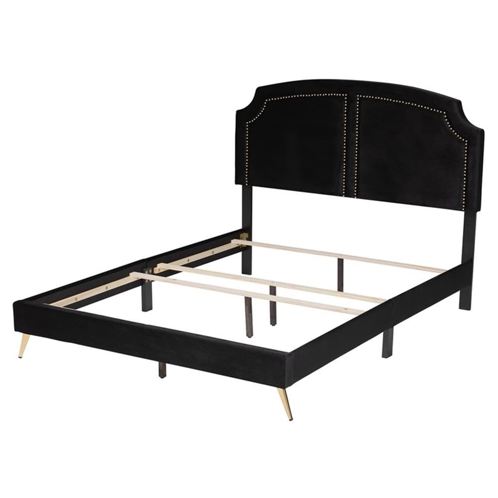 Baxton Studio Oxley Black Velvet and Gold Metal Queen Size Panel Bed