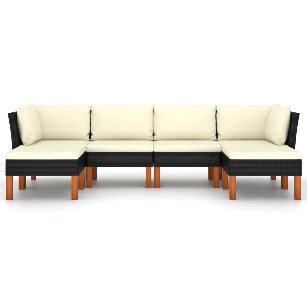 vidaXL 6-Piece Black Patio Lounge Set with Cushions - Weather-Resistant Poly Rattan & Solid Eucalyptus Wood Legs - Easy-Assembly Outdoor Furniture - Modern/Farmhouse Style