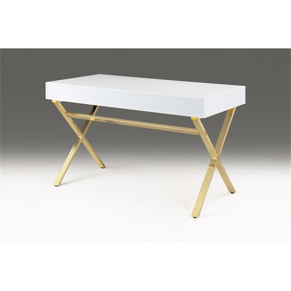 Neos Modern Furniture White top Desk with Two Drawers/Gold Base