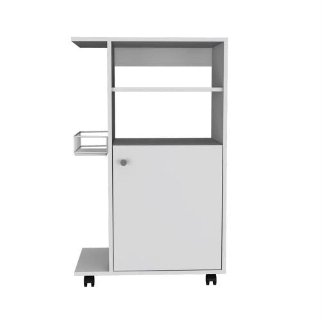 Modern Kitchen Cart 39" H, Single Door Cabinet, 4 Wheels, 1 Side Shelf, White
