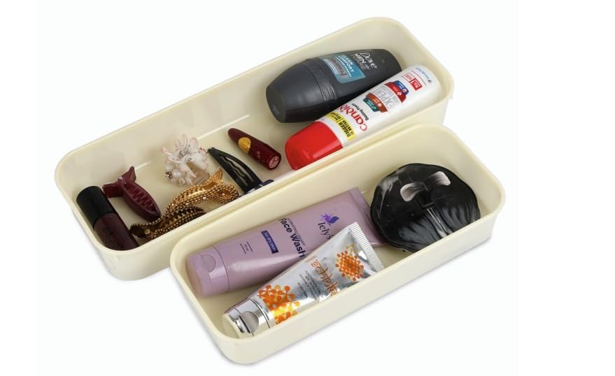 Plastic Cream Modular Drawer Organiser Tray Set, 2 Pieces, For Cosmetics And Accessories