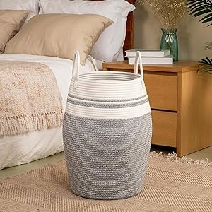 waqif Woven Baskets for Storage,Large Cotton Rope Basket Woven Baby Laundry Hamper,Collapsible Laundry Basket, Blanket Basket fo
