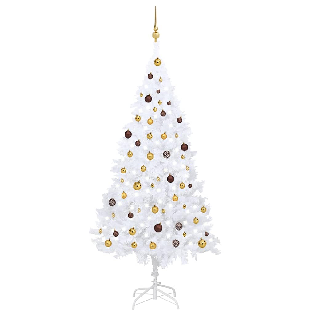Vidaxl White Pvc Artificial Prelit Christmas Tree  Led Lights, Metal Stand, Gold And Bronze Balls  82.7 Inch  Height, Realistic Sh