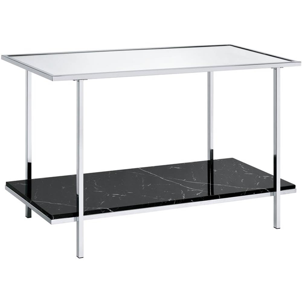 Acme Angwin Metal Frame Console Table in Mirrored and Faux Marble and Chrome