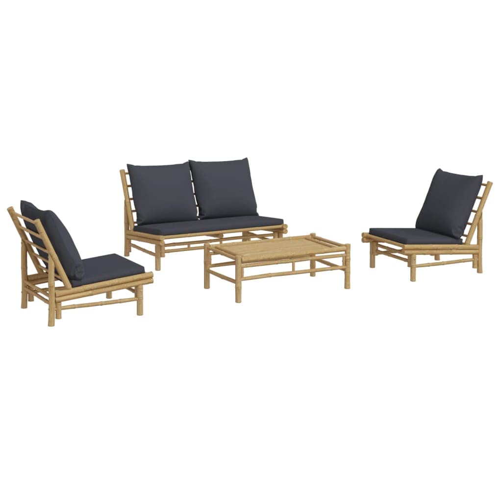 vidaXL 4 Piece Patio Lounge Set with Dark Gray Cushions - Made of Natural Bamboo, Includes Coffee Table and Bench, Modular Desig