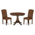 East West Furniture HBEN3-MAH-66 3 Piece Dining Room Table Set Contains a Round Kitchen Table with Pedestal and 2 Brown Faux Fau