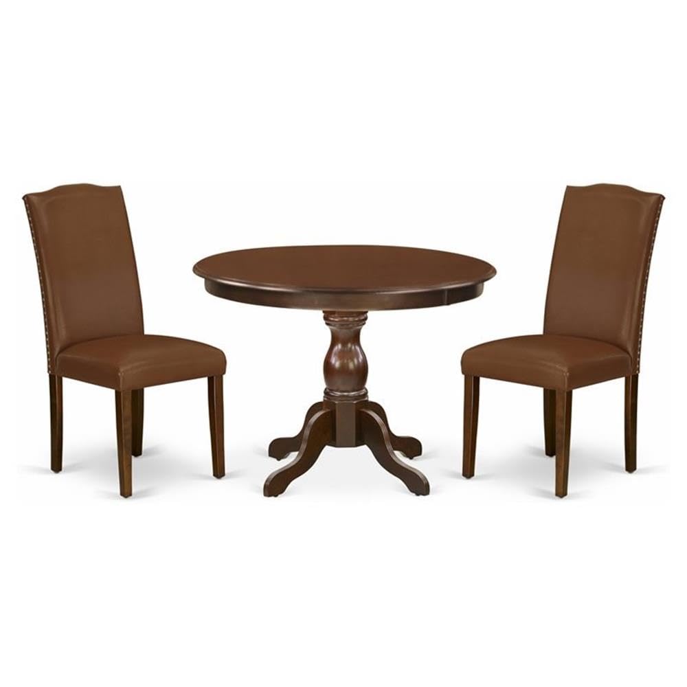 East West Furniture HBEN3-MAH-66 3 Piece Dining Room Table Set Contains a Round Kitchen Table with Pedestal and 2 Brown Faux Fau