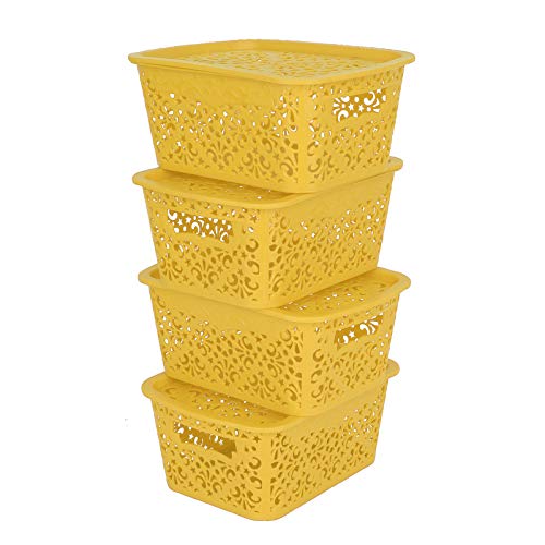Cutting EDGE Plastic Turkish Storage Basket with Lid,Small,Yellow(Set of 4)