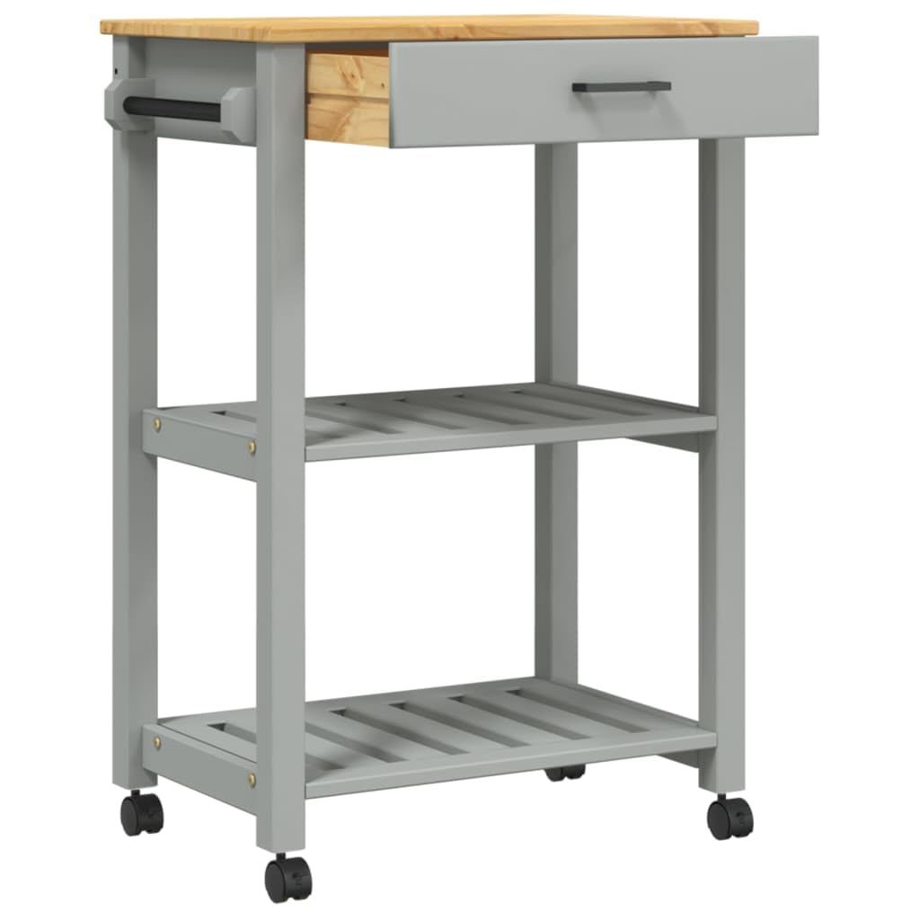 vidaXL Pine Wood Kitchen Trolley - Rolling Storage Cart with Drawer, Shelves, Locking Wheels - Gray/Honey Wax, 23.6"x15.7"x35.4"