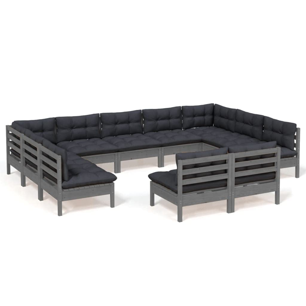 vidaXL Solid Pinewood Patio Lounge Set 11 Piece with Cushions Garden Outdoor Lawn Yard Terrace Balcony Wooden Seat Seating Furniture Gray