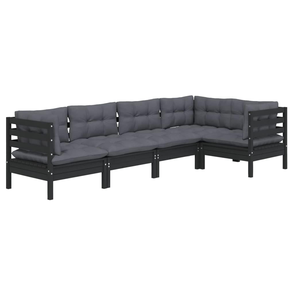 vidaXL Solid Pinewood Patio Lounge Set 5 Piece with Cushions Garden Outdoor Lawn Yard Terrace Balcony Wooden Seat Seating Furniture Black