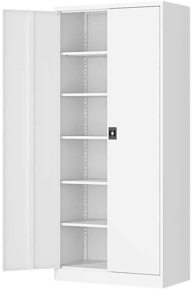 Fesbos Metal Storage Cabinet-71” Tall Steel File Cabinets With Lockable Doors And Adjustable Shelves-White Steel Storage Cabinet For Home,Kitchen, School, Office, Garage
