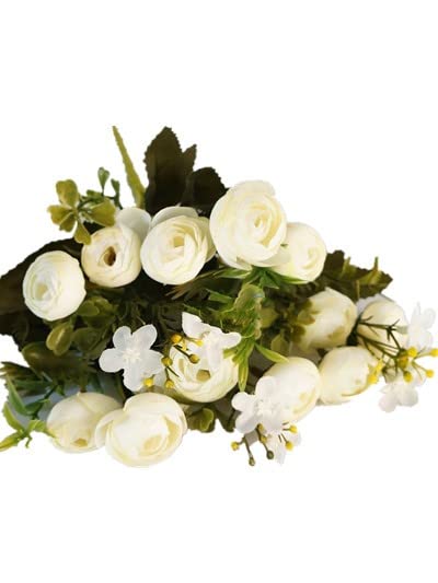 Sweet Home Deco 11 Silk Baby Ranunculus Artificial Flower Bush Small Flower Bush Set of 2 Wedding/Home Decorations (White)