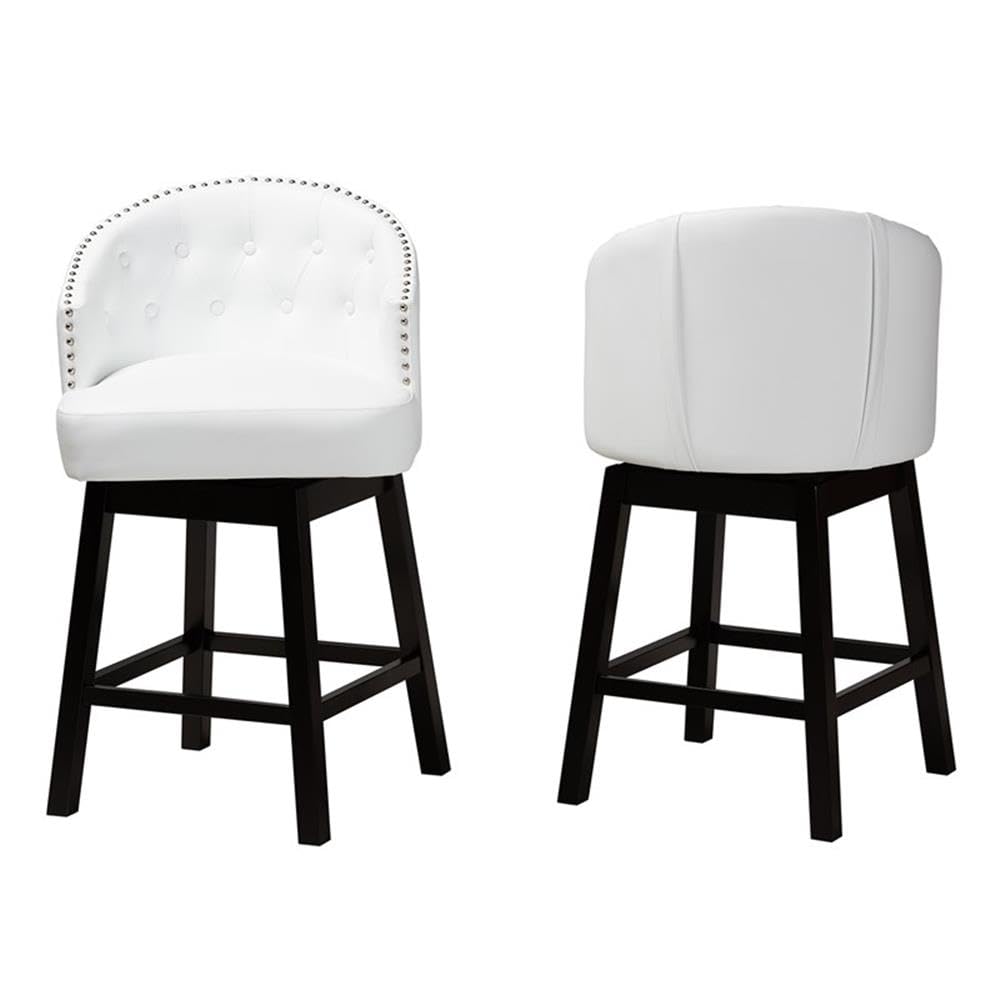 Baxton Studio Theron Mid-Century Transitional White Faux Leather And Espresso Brown Finished Wood 2-Piece Swivel Counter Stool Set