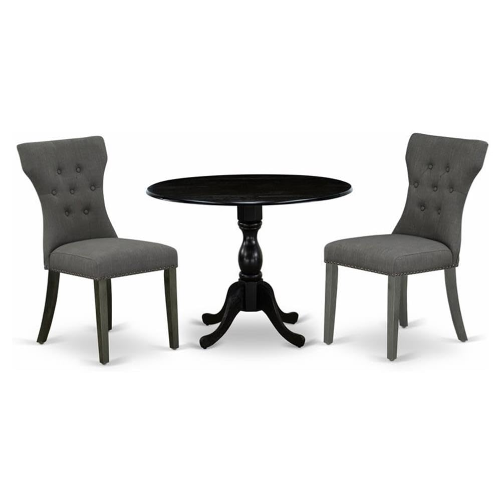 East West Furniture DMGA3-ABK-50 3 Piece Dinette Set for Small Spaces Contains a Round Dining Table with Dropleaf and 2 Dark Gotham Linen Fabric Parson Chairs, 42x42 Inch, Wirebrushed Black