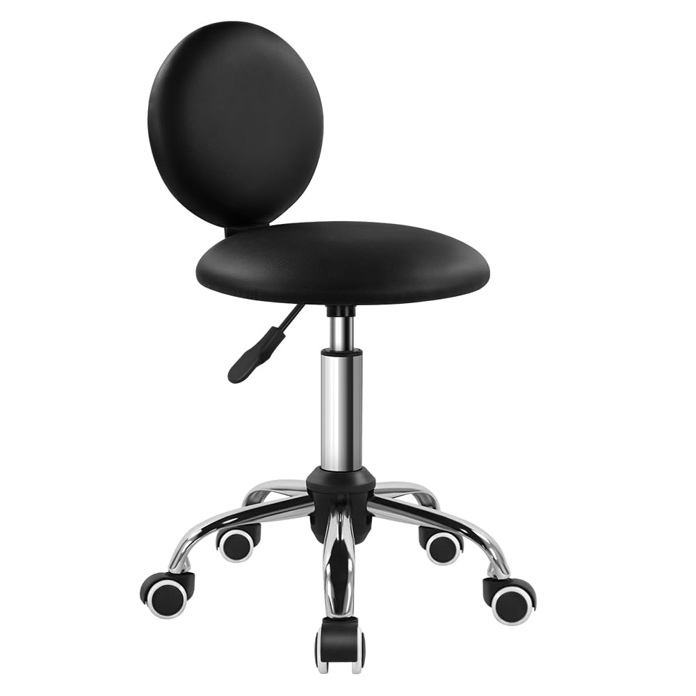 FURWOO Mini Round Rolling Stool with Back Height Adjustable Stool on Wheels for Spa Salon Massage Black