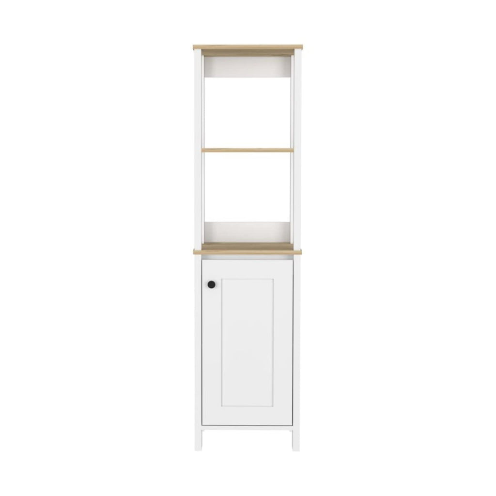 Linen Single Door Cabinet 59.3H, 2 Interior Shelves, 2 Open Shelves, Light Oak/White